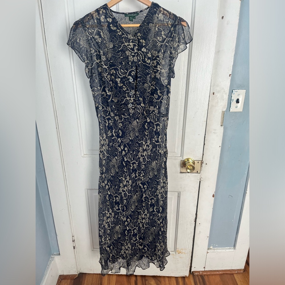 Ralph Lauren blue tan floral silk short sleeve maxi dress with blue slip size 8